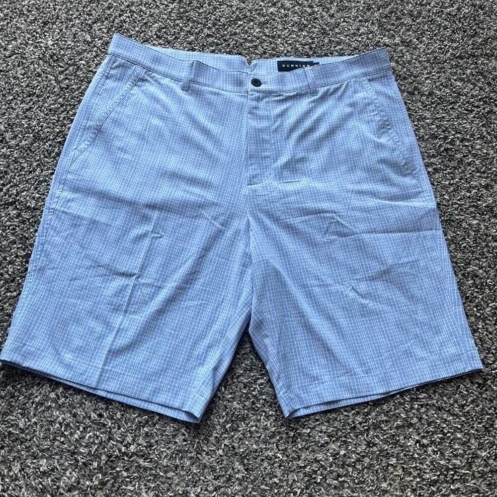 Dunning Mens Blue White Micro Check Plaid Golf Shorts Size 36 Flat Front